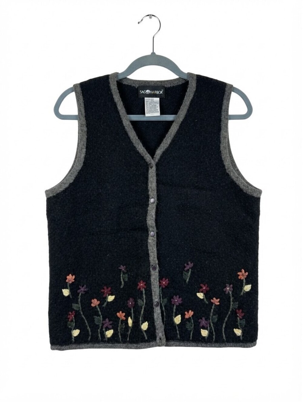 Sag Harbor Vintage Wool Blend Embroidered Floral Button-Down Sweater Vest Medium